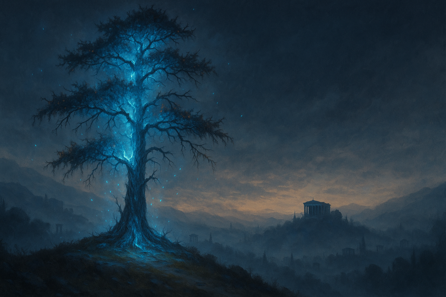 Glowing but withering pine tree on a hill representing a failing magical barrier